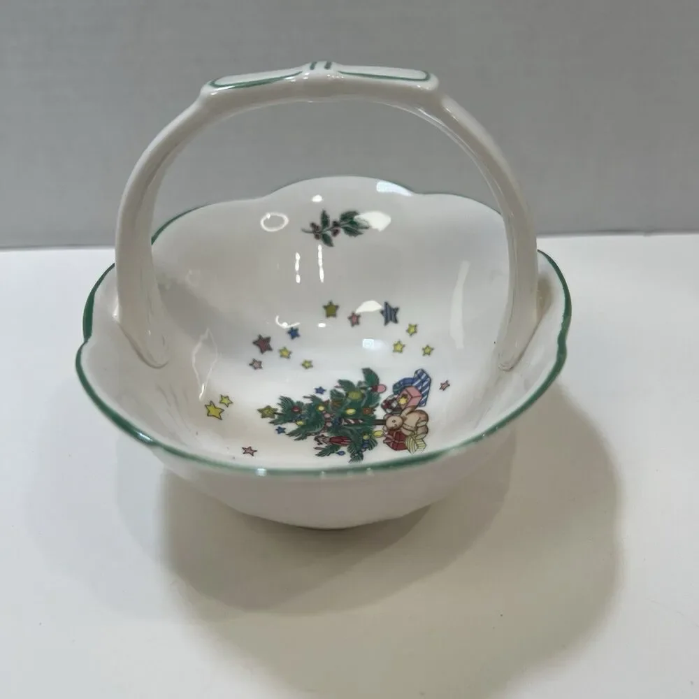 Vintage Christmas Holiday Nikko Happy Holidays Candy Nut Basket w/Handle Japan